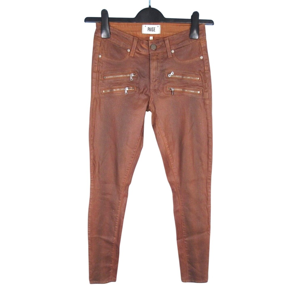 PAIGE Edgemont Jeans/Jeggings BROWN Double Zippers STRETCH Low Rise SKINNY sz 27